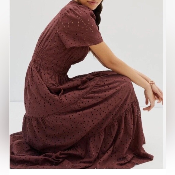 Anthropologie Somerset Maxi Dress Eyelet Edition Tiered Chocolate BROWN L - Picture 4 of 12